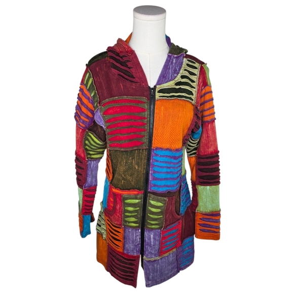 Boho Patchwork Hoodie Jacket Colorful Cotton Zip Up Handmade Nepal S/M Festival - Picture 4 of 9